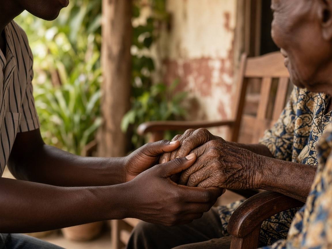 A son gently holds his elderly father’s hands on the veranda