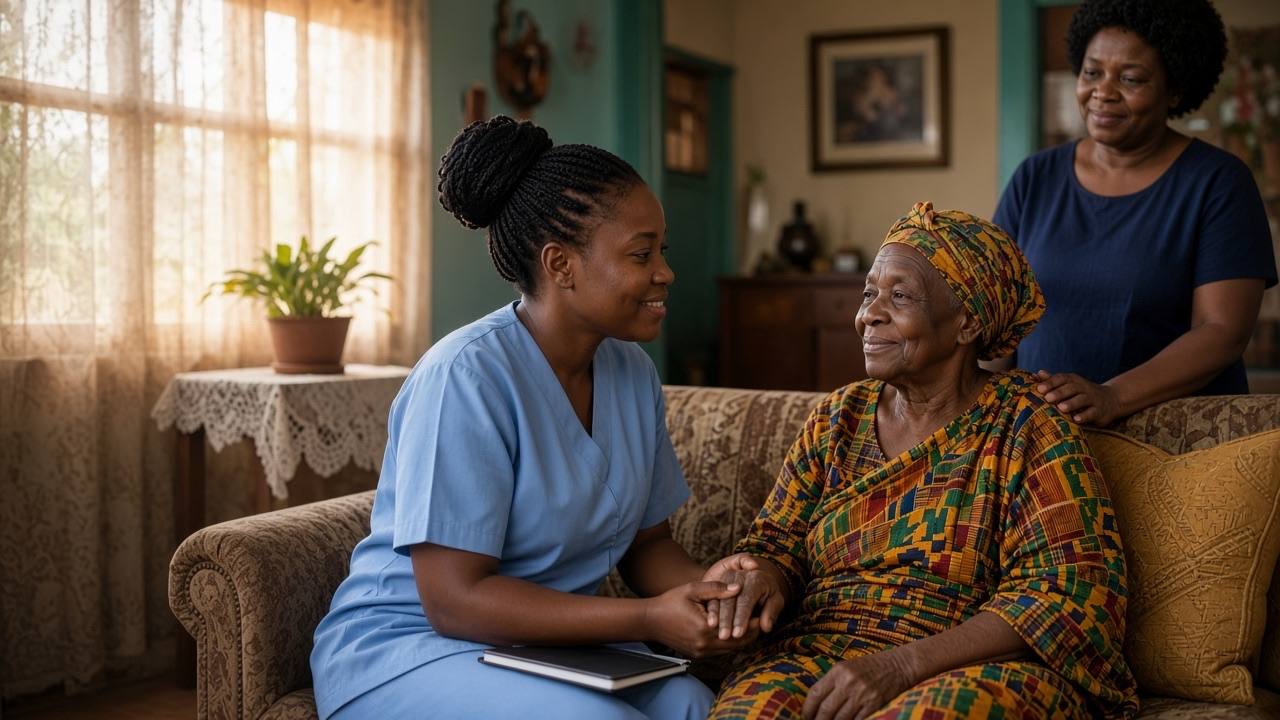 A nurse holds an older woman’s hand as they talk on the sofa at home, while her daughter looks on