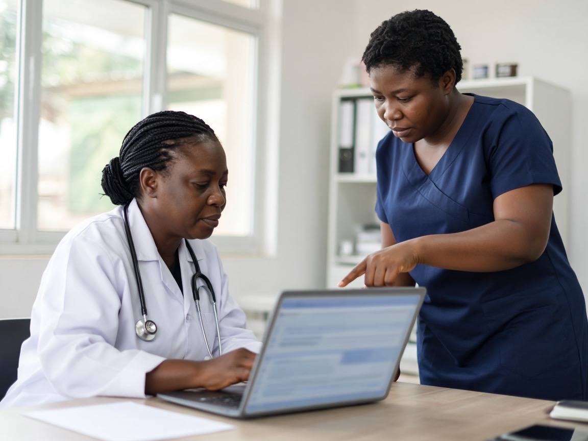 A doctor and a nurse review a patient summary together on a laptop