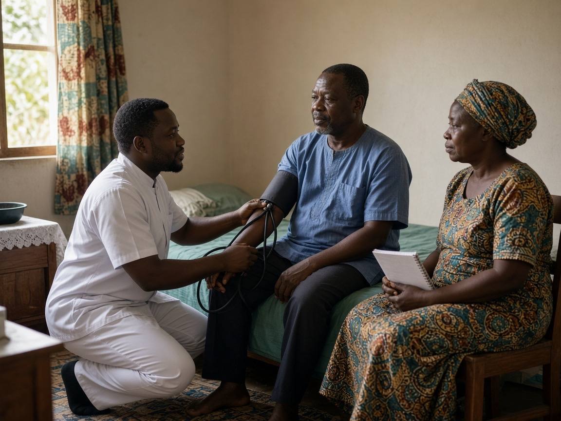 A nurse kneels beside a man sitting on his bed and checks his blood pressure, while his wife listens