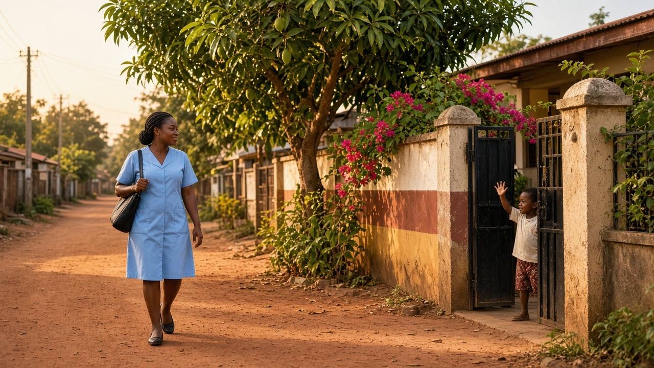 A nurse with a shoulder bag walks along a red-earth lane towards a family home, where a child waves from the gate